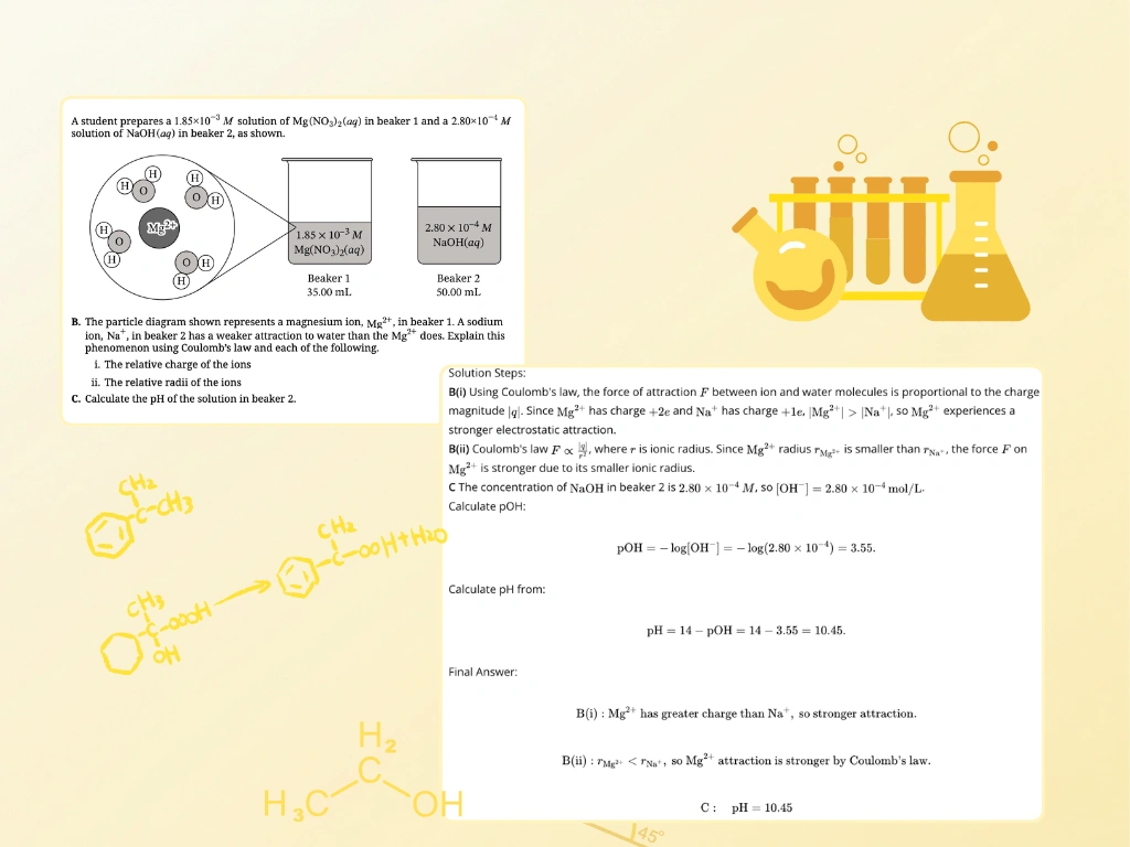 AI answer generation for a chemistry worksheet, showing beaker and ion attraction questions solved with clear calculations and final answers
