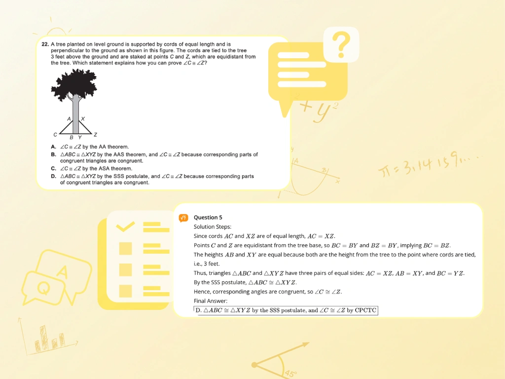 AI answer generation for a geometry proof question, presenting a tree support diagram with a structured triangle congruence explanation