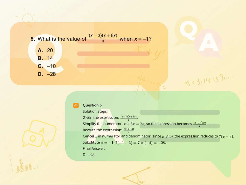 AI answer generation for an algebra multiple-choice problem, showing how an expression is simplified and solved step by step to reach the correct answer