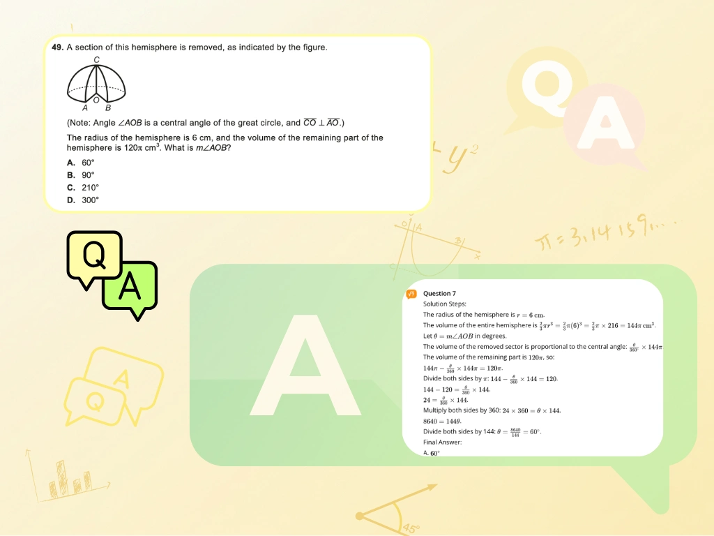 AI answer generation for a hemisphere geometry problem, showing how a multiple-choice volume question is solved step by step to find the correct central angle