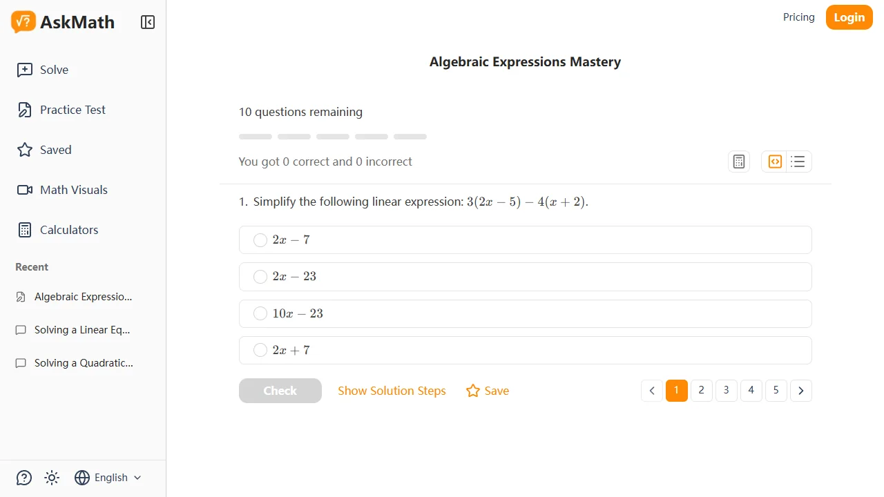 AskMath practice test interface