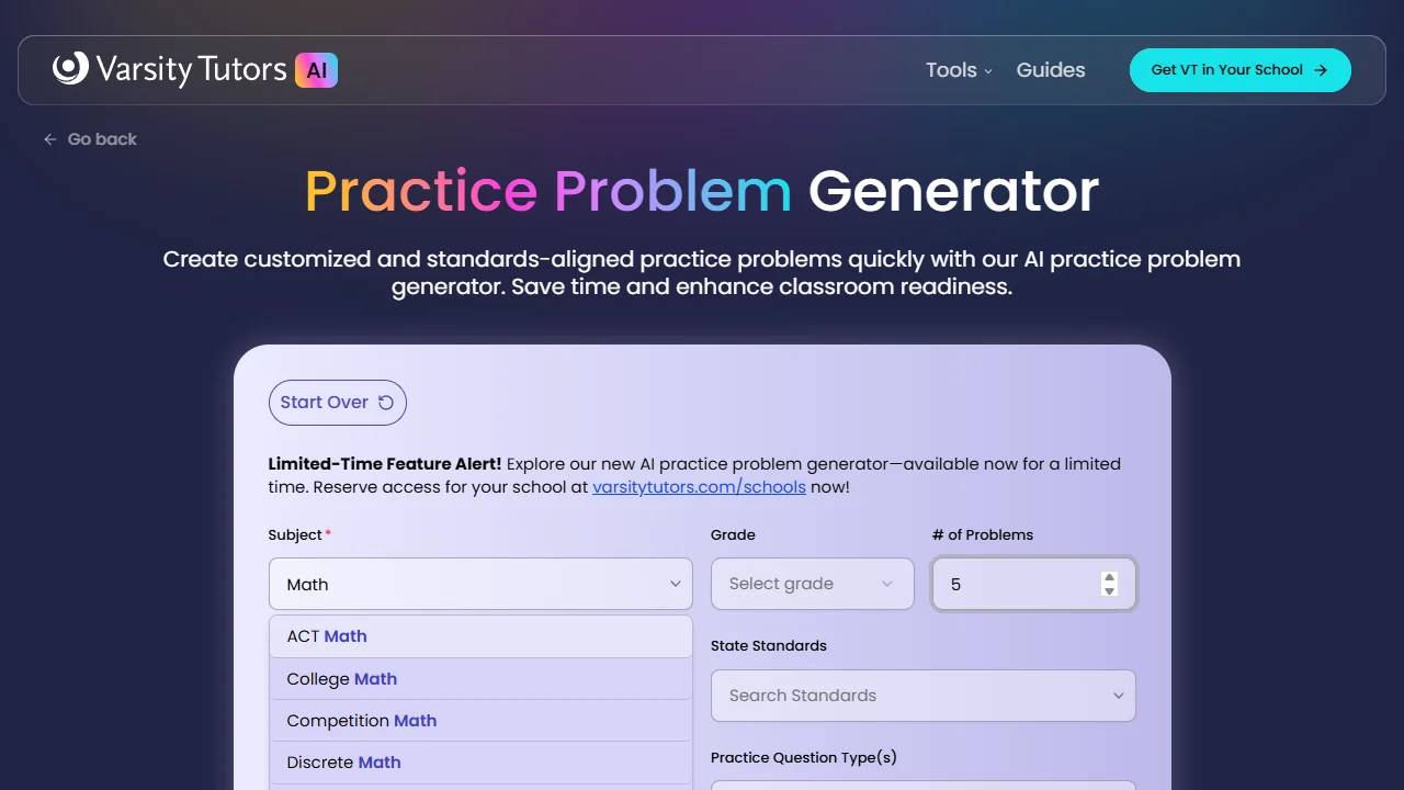 Varsity Tutors practice problem generator form
