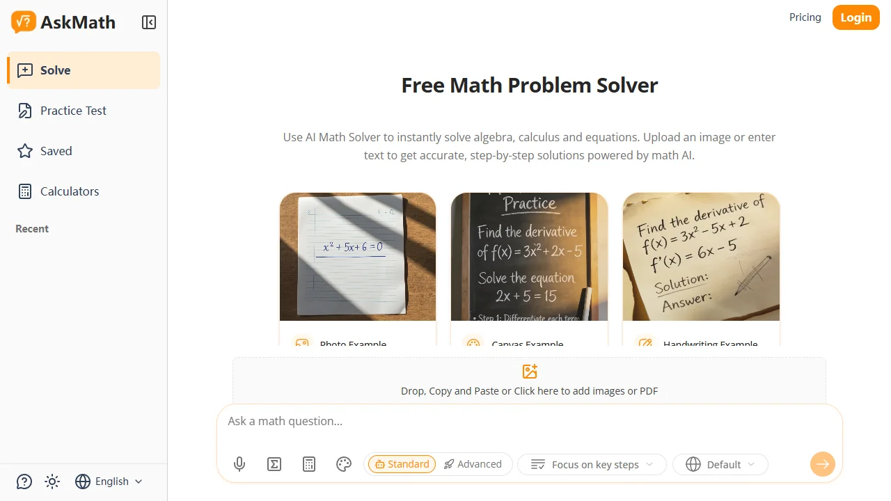 AskMath homepage — input box, photo example, no sign-up