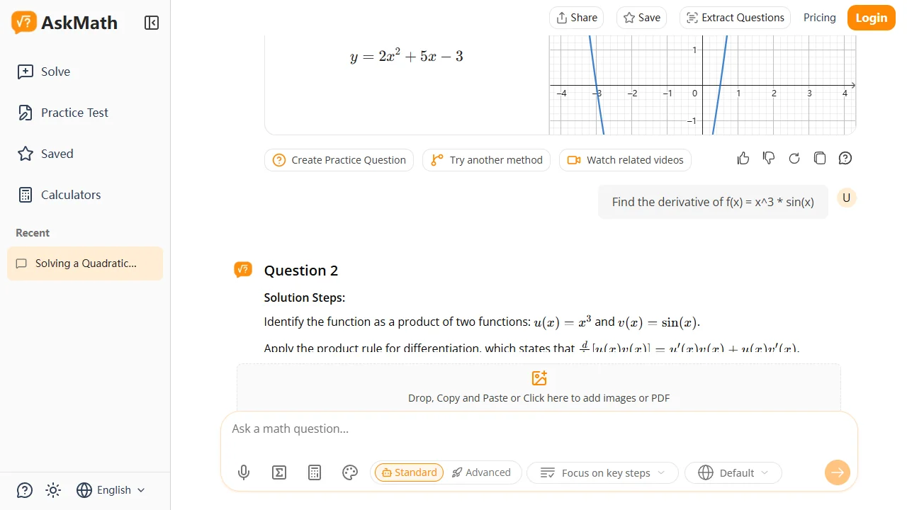 AskMath calculus test — Question 2, full LaTeX steps identifying u(x)=x³ and v(x)=sin(x) and applying the product rule, with a follow-up function graph and Create Practice Question / Try another method / Watch related videos buttons