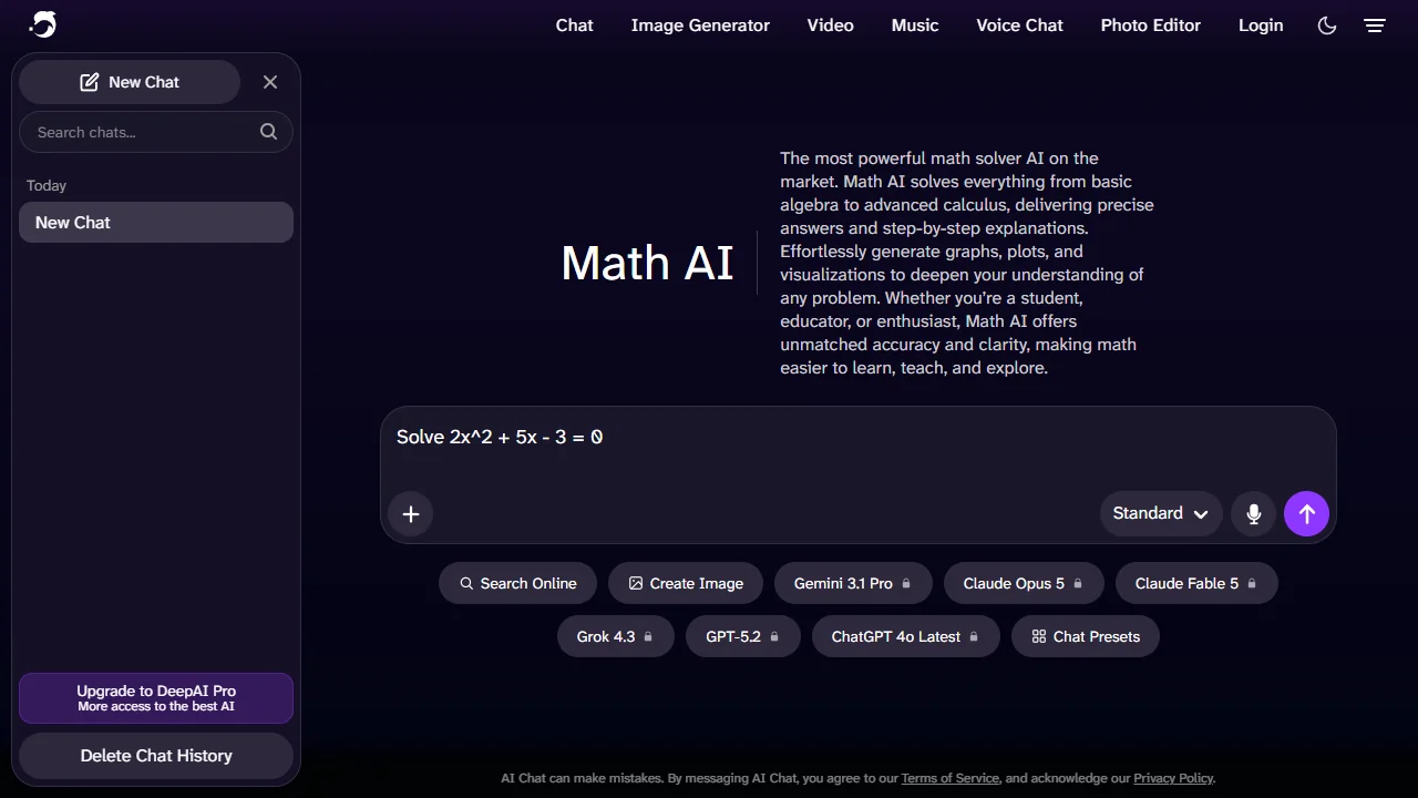 DeepAI Math chat — task "Solve 2x^2 + 5x - 3 = 0" submitted; Standard model returned no visible response in our 20-second test window