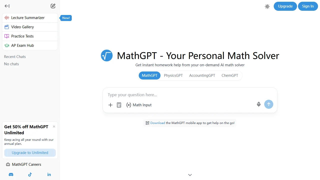 MathGPT homepage — chat interface with tabs for Math / Physics / Chemistry / Accounting and a Send button (sign-in required to send)