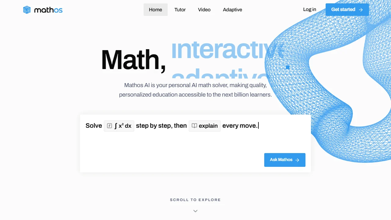Mathos AI homepage — math solver input box with Ask / Solution / Video / Flashcards / Quiz lesson tabs