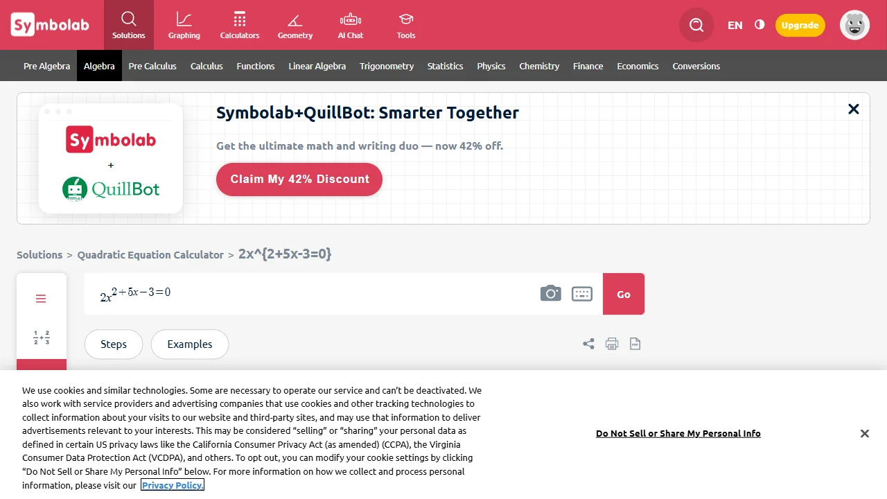 Symbolab solver — quadratic equation entered, navigation to result page