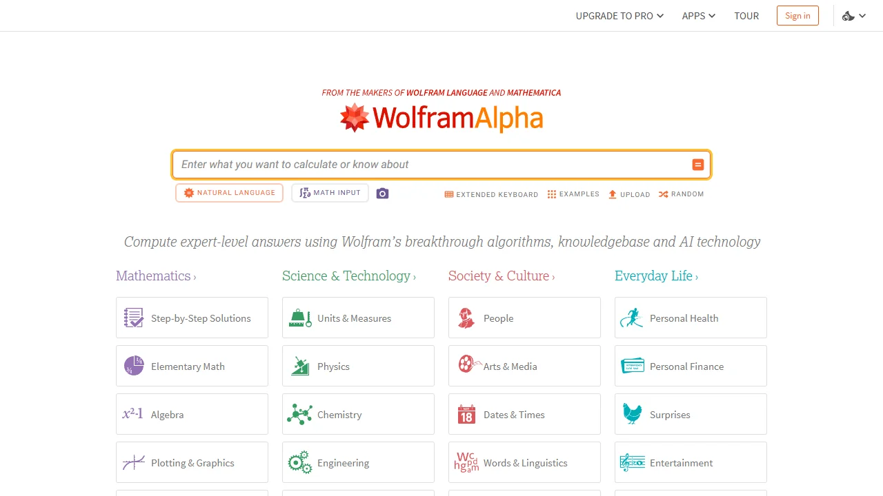 Wolfram Alpha homepage