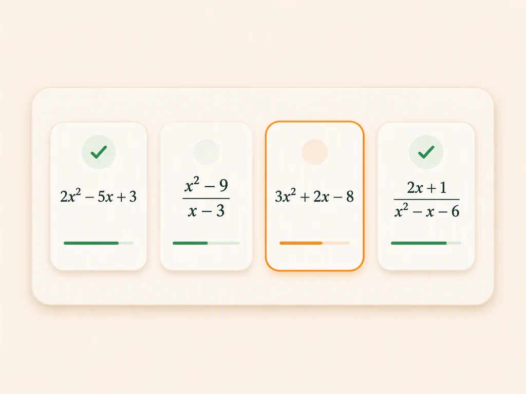 Preparación de examen de álgebra con tarjetas de temas que cubren ecuaciones, cuadráticas, factorización y expresiones racionales.