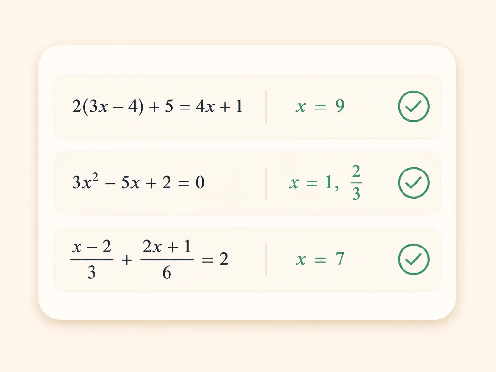 Calculadora de álgebra mostrando tres problemas de tarea resueltos con respuestas correctas.