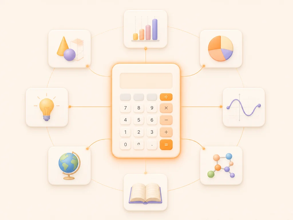 Calculadora de álgebra como centro de aprendizaje rodeada de módulos de temas para autoestudio.