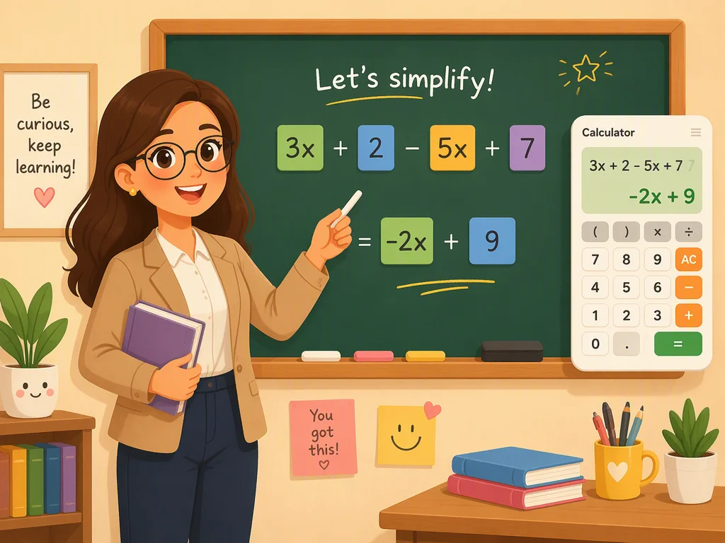 Profesor caricatura en un pizarrón mostrando una expresión algebraica con el widget de la calculadora para sesiones de tutoría.