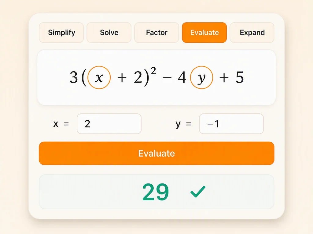 Modo de evaluación de la calculadora de álgebra con espacios para ingresar variables y el resultado calculado.