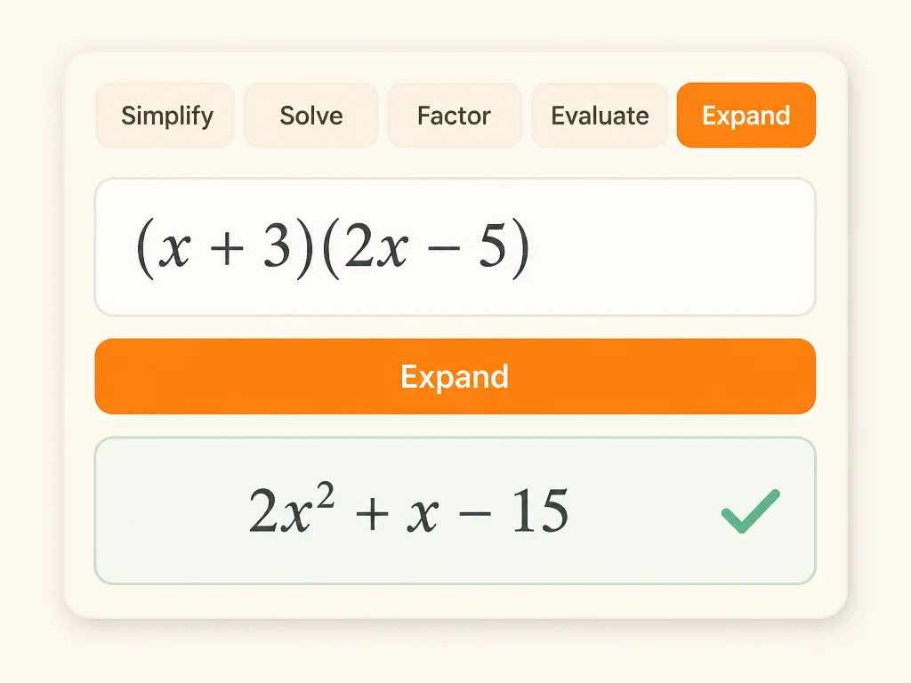 Modo de expansión de la calculadora de álgebra que muestra una multiplicación de binomios expandida en un polinomio.