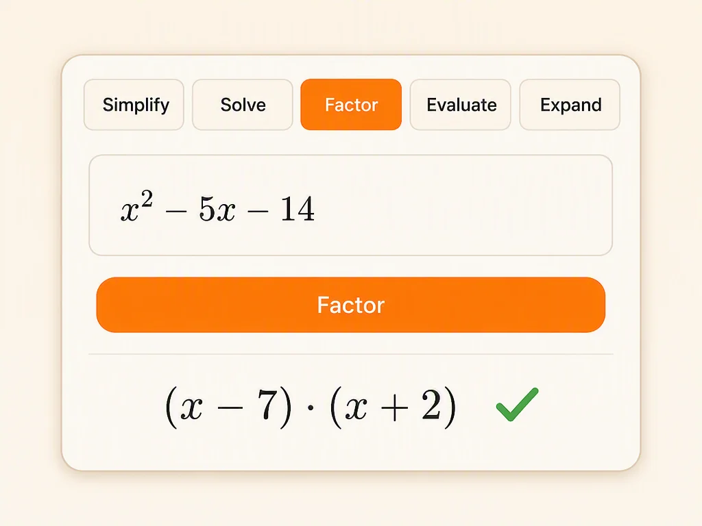 Modo de factorización de la calculadora de álgebra que muestra un polinomio descompuesto en su forma factorizada.