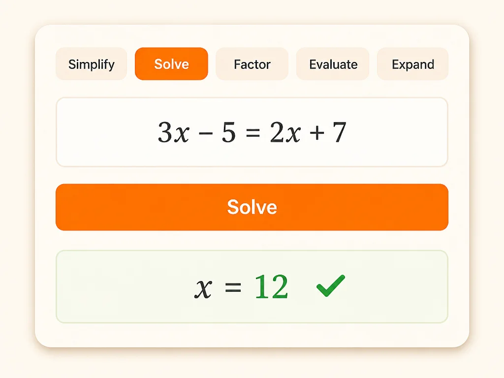 Modo de resolver de la calculadora de álgebra con entrada de ecuación y solución mostrada.