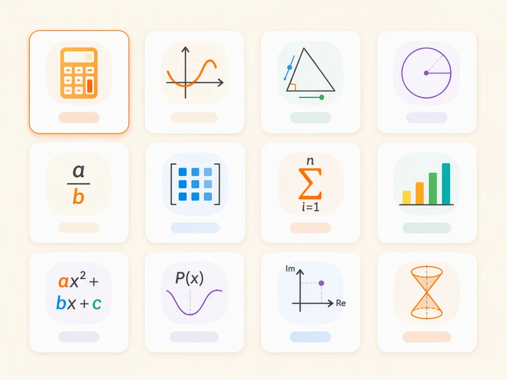 Math calculator hub with rounded entry cards for algebra, geometry, scientific, graphing, and statistics calculators.