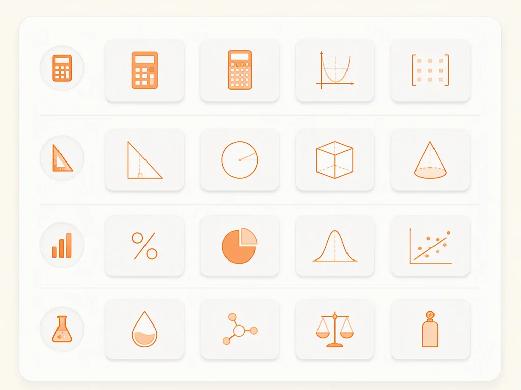 Math calculator collection with tool cards grouped by subject such as algebra, geometry, and statistics.