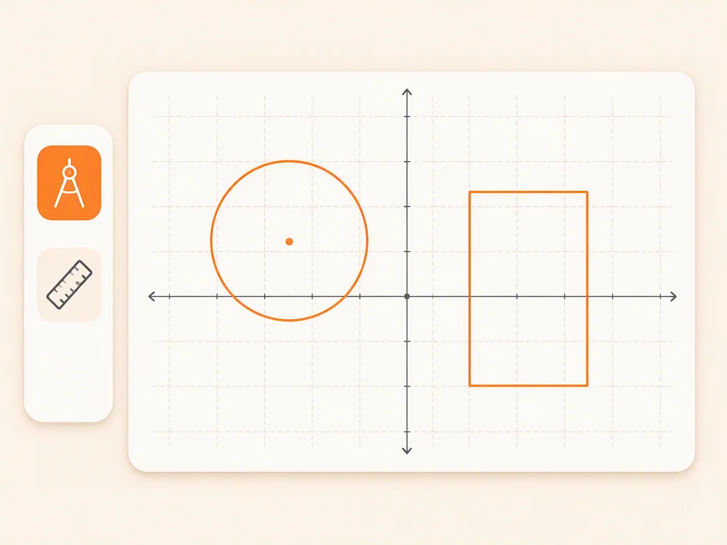 Geometry drawing view with a coordinate grid, a drawn circle and rectangle, and a compass and ruler toolbar.