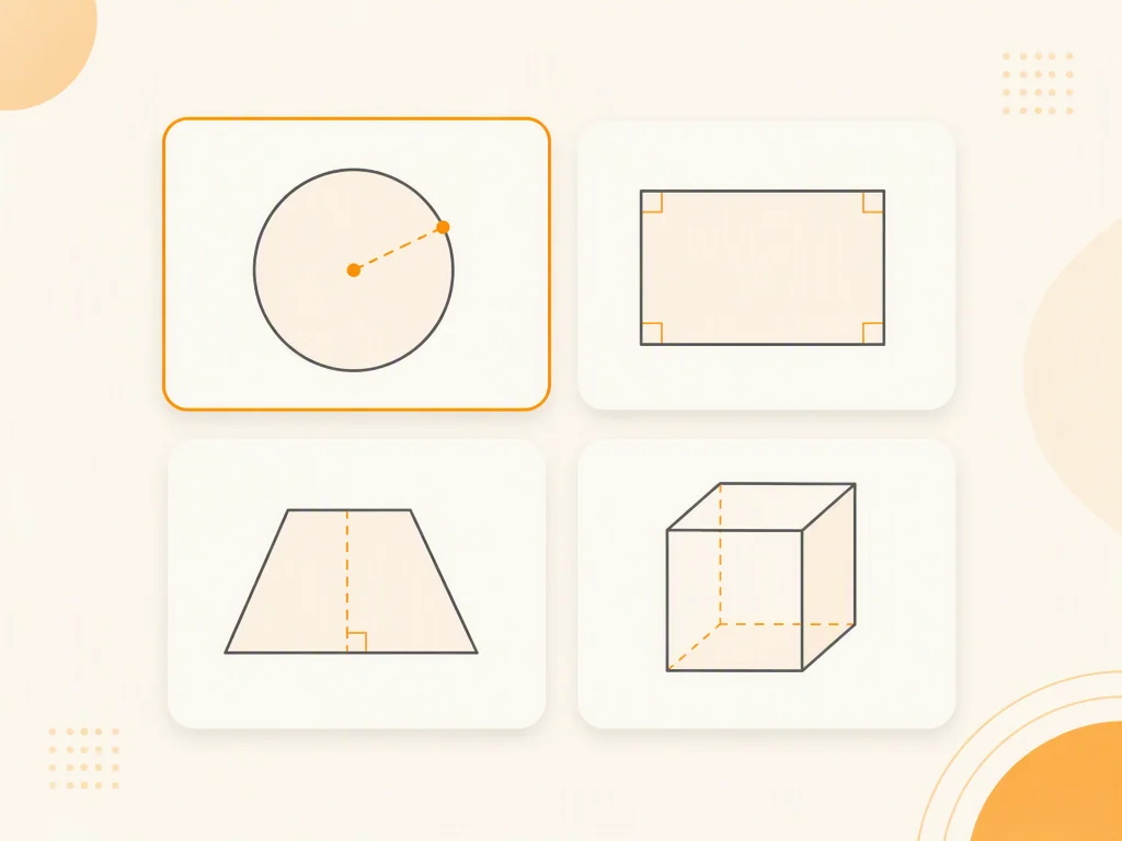 Geometry calculator shape cards for a circle, rectangle, trapezoid, and cube arranged in a simple grid.