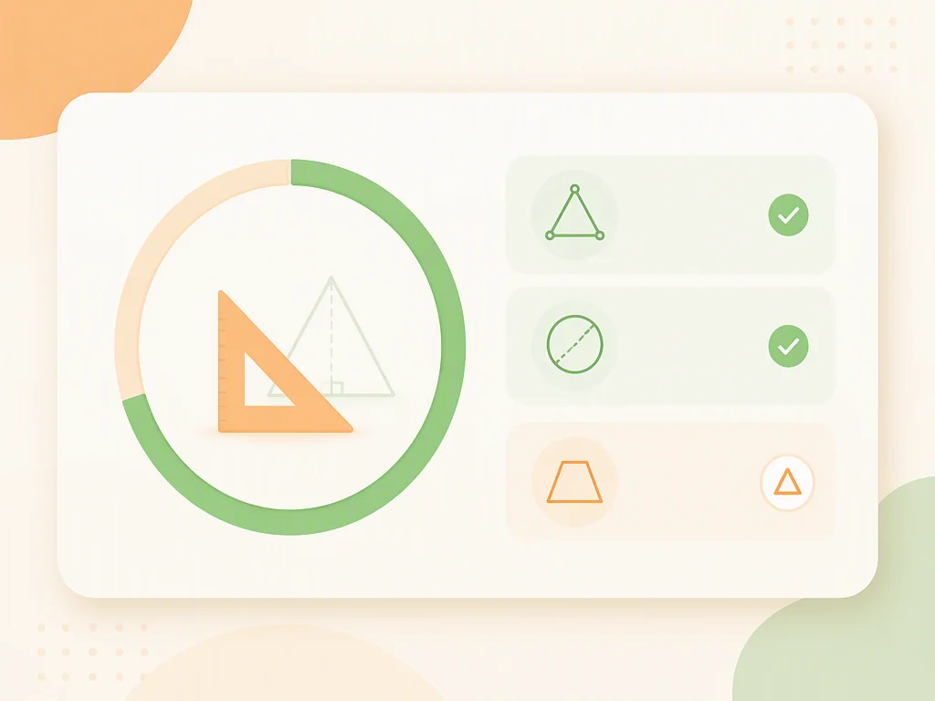 Geometry calculator self-study dashboard with a progress ring and completed practice chips.