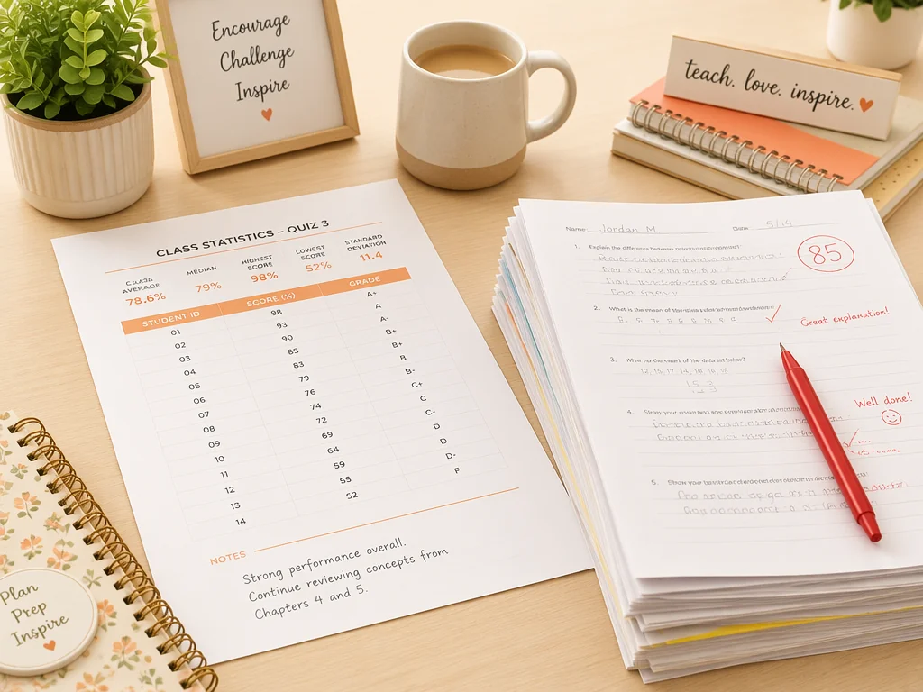 Ein ausgedrucktes Statistik-Ergebnisblatt mit Datenzeilen und orangefarbenen Akzentlinien auf einem Lehrerpult, neben Schülerarbeiten, einem roten Korrekturstift, einer Kaffeetasse und einer kleinen Schreibtischpflanze.