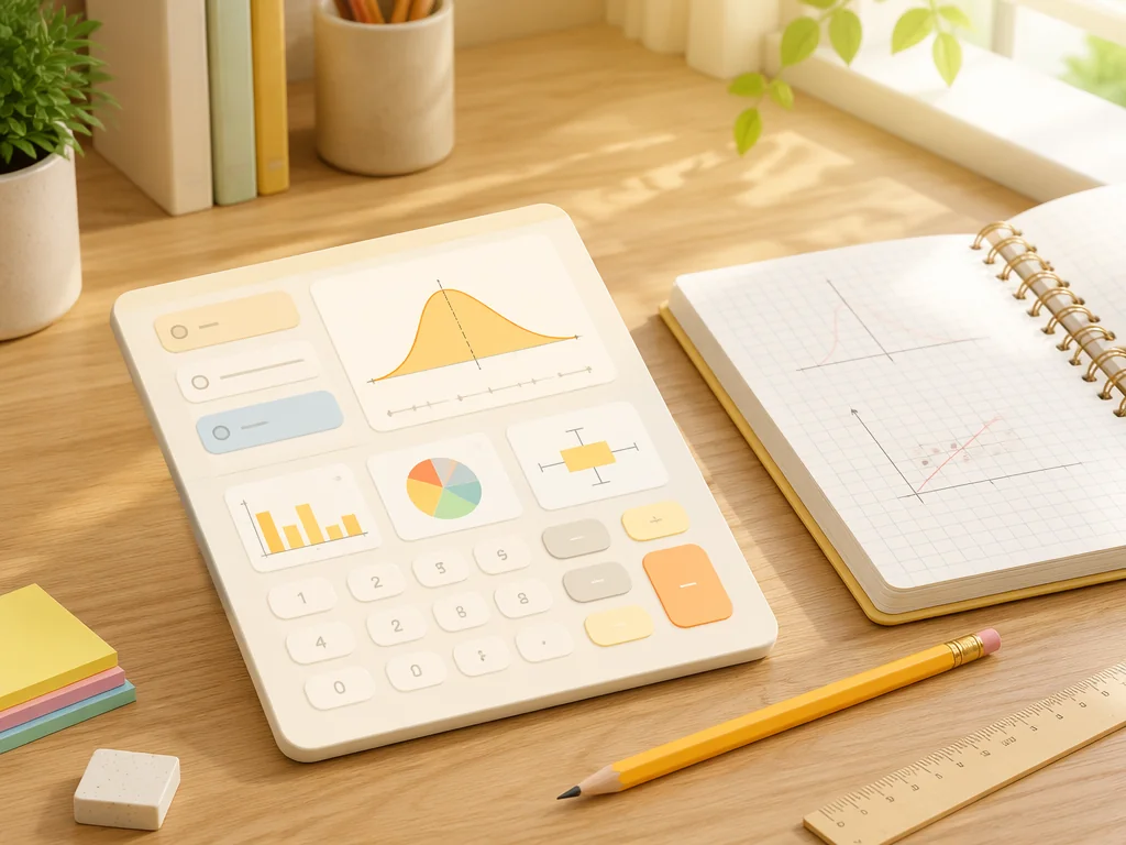Statistik-Rechner UI-Karte auf einem Holztisch mit Bleistift, Spiralnotizbuch und Lineal — der Arbeitsplatz eines Schülers für Hausaufgaben.