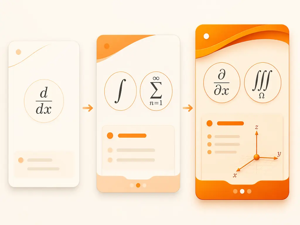 Three progressive course cards showing calculus topics from Calc 1 through Calc 3 with increasing complexity