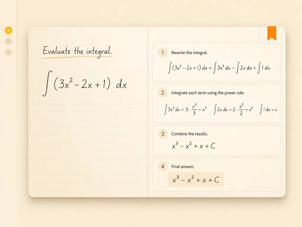 Self-study calculus review interface with notebook-style problem card and step-by-step solution panel