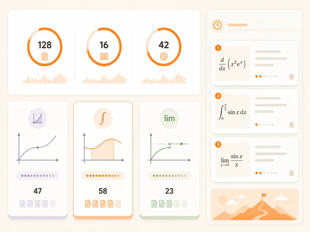Pre-exam review dashboard for a personal calculus problem library with topic category cards and saved problem statistics