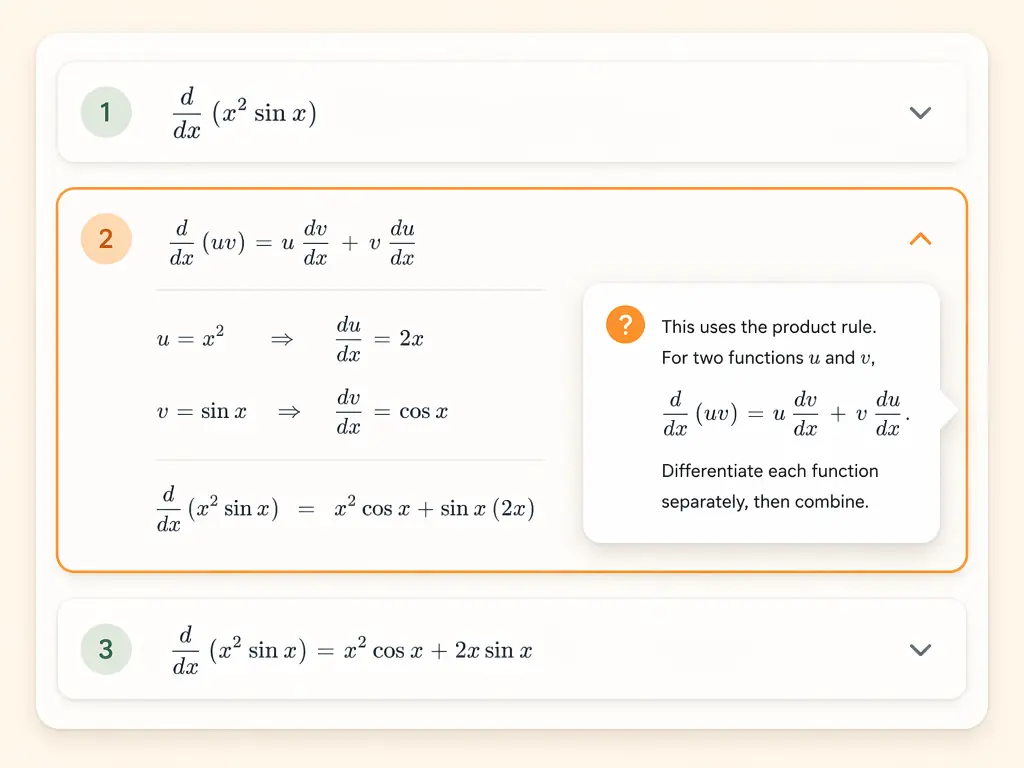 Interactive calculus solution interface with step-by-step explanations and AI question support