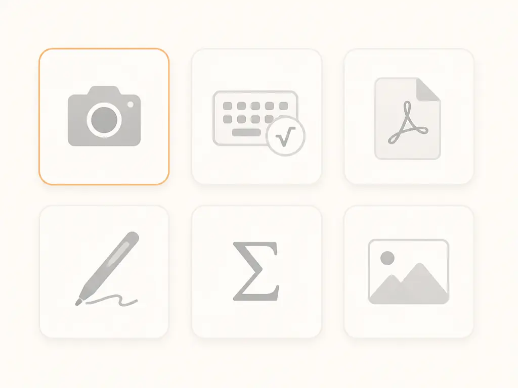 Six input method cards for the calculus solver including camera, keyboard, PDF, drawing, formula, and gallery