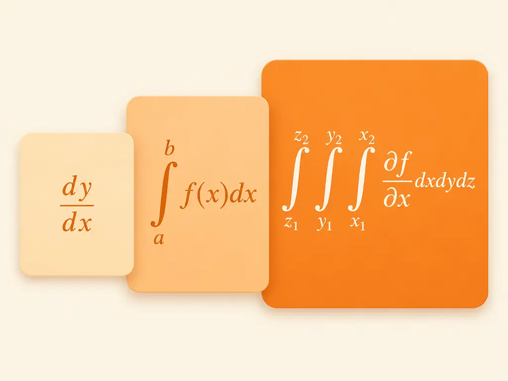 Three progressive UI cards showing calculus topics from basic derivatives through multivariable calculus