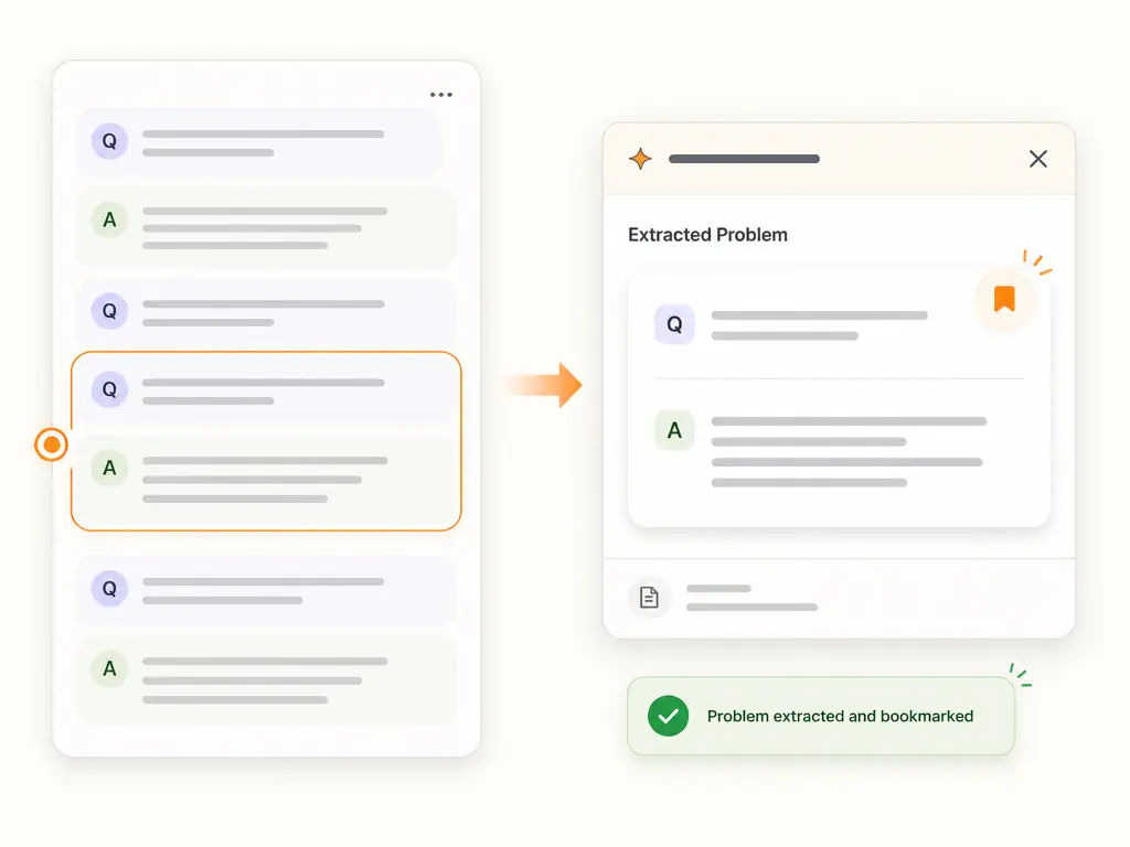 Problem extraction and bookmarking workflow showing Q&A conversation and saved problem card panel