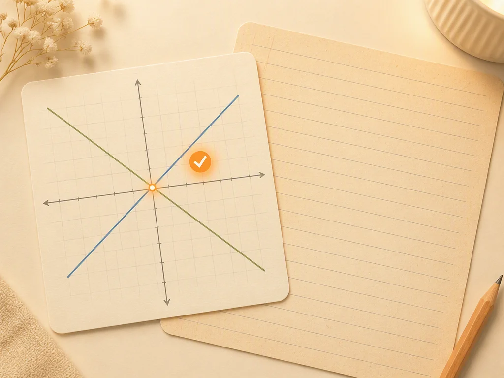 Homework verification scene with notebook paper and graphing calculator showing two intersecting lines with highlight at intersection point