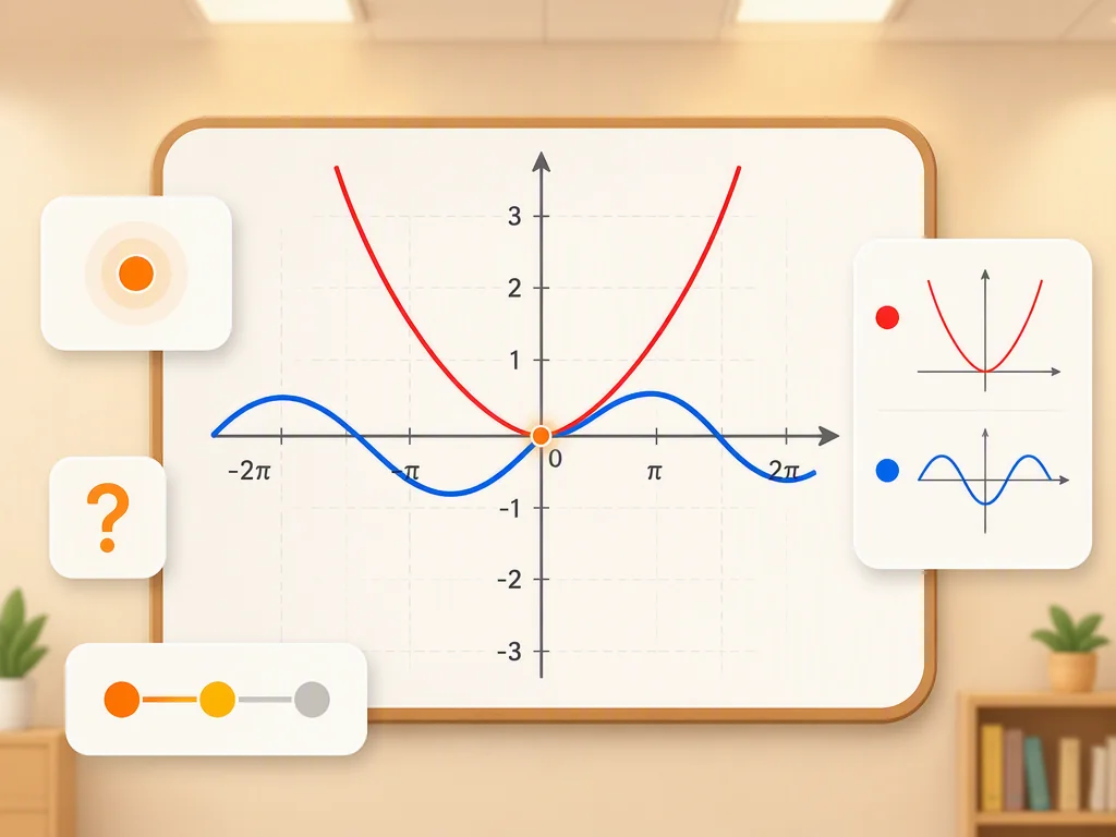 Classroom whiteboard with graphing calculator projection, teaching aid cards showing pointer, question, and comparison tools