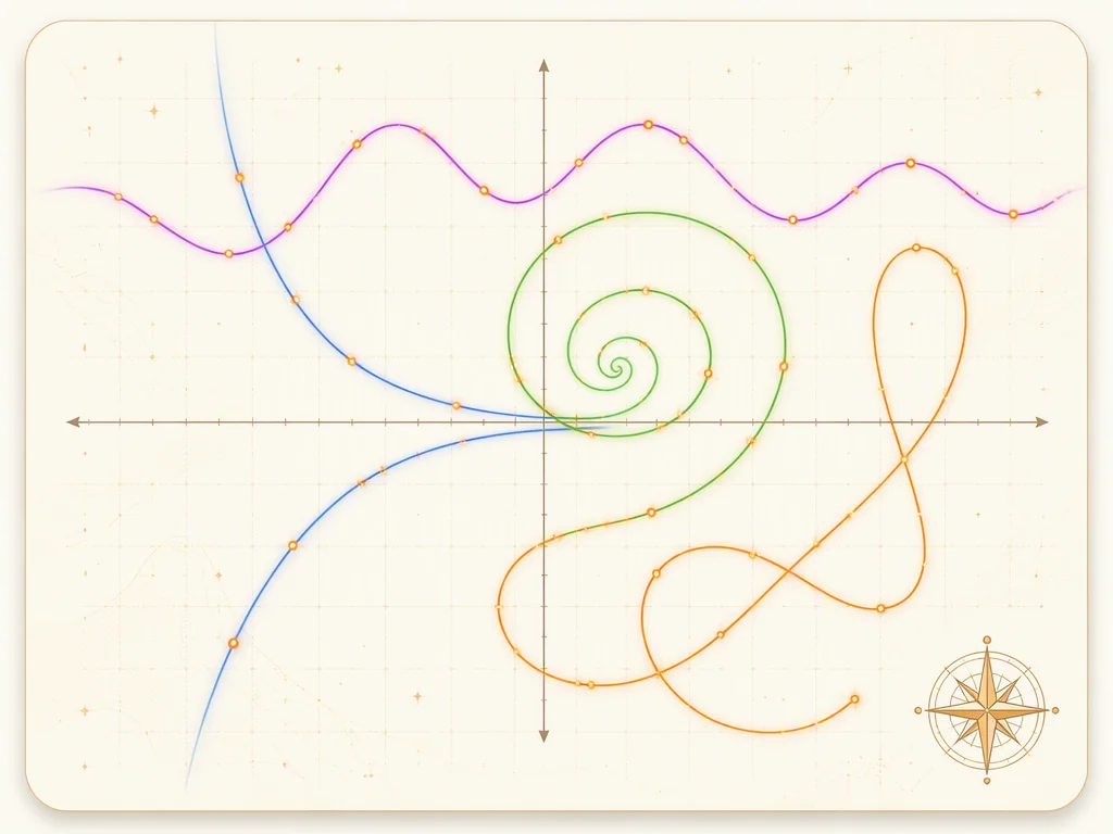 Creative mathematical exploration scene with multiple glowing function curves arranged like a discovery map on light background