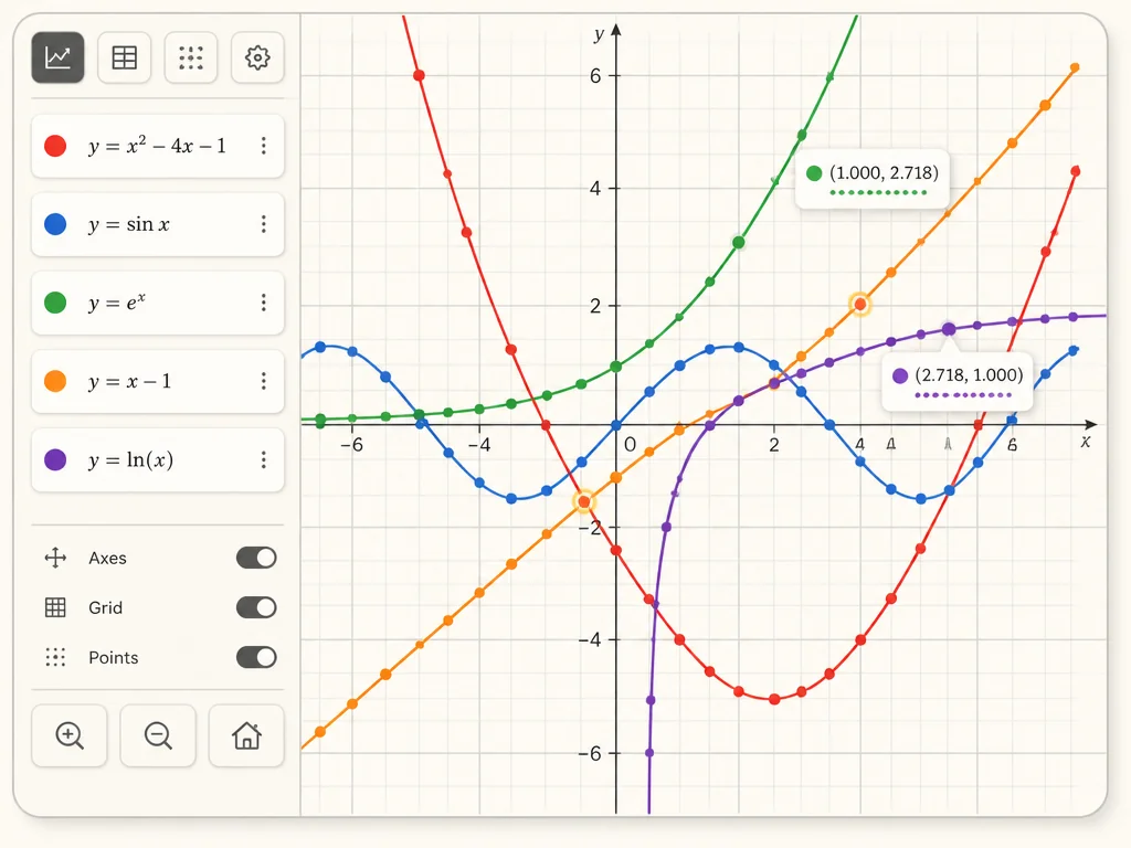 Graphing calculator showing multiple function curves plotted simultaneously with color legend and intersection markers