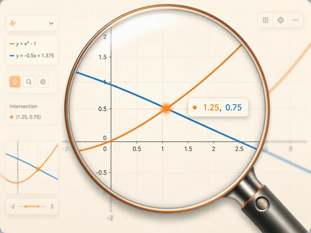 Interactive graphing calculator with magnifying glass lens zooming into a curve intersection point for detailed coordinate reading