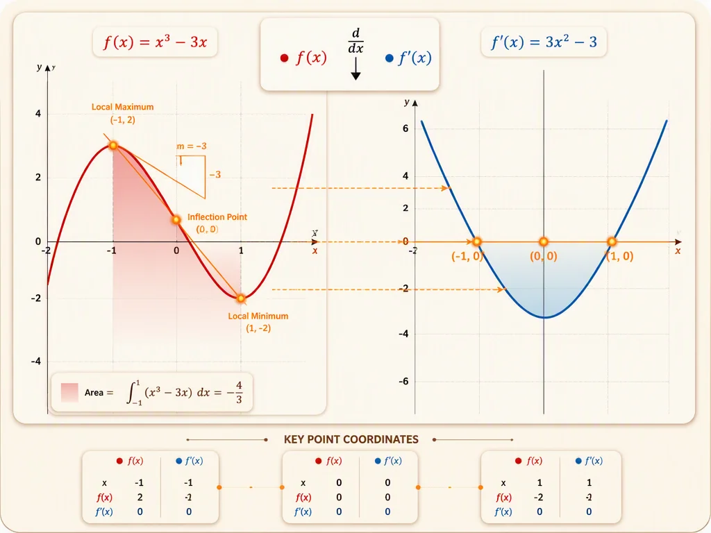 Split-view comparison of a cubic function and its derivative parabola with connecting dashed lines marking turning points and zero crossings