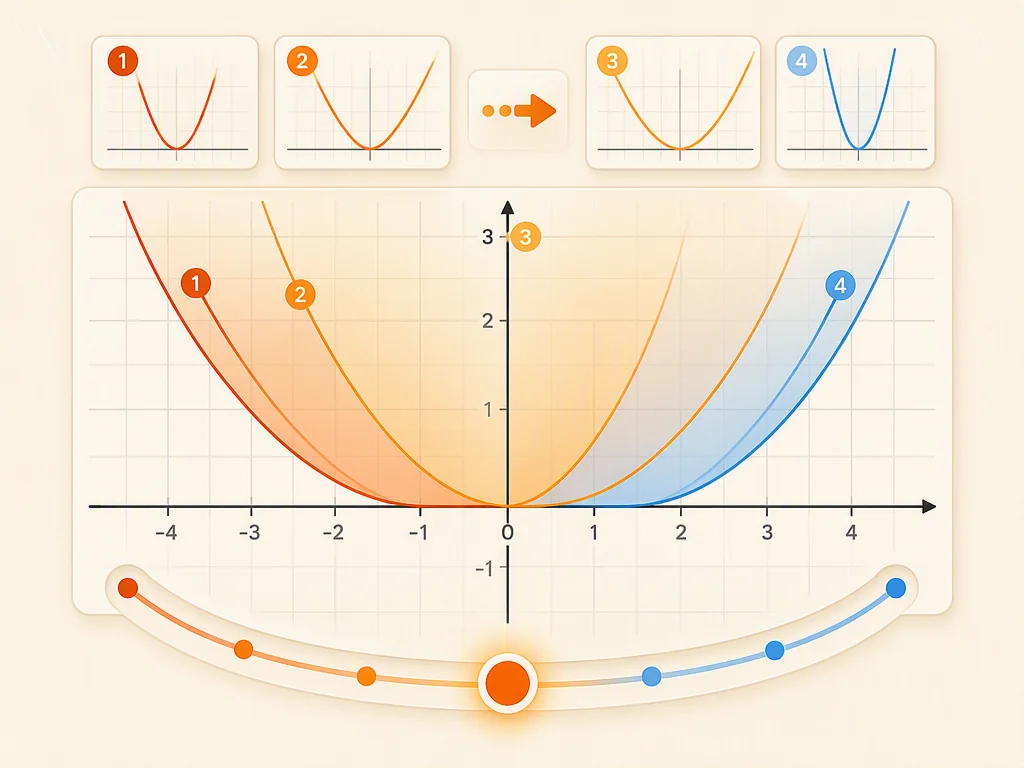 Parameter transformation visualization showing multiple parabola positions with gradient sweep and curved slider control