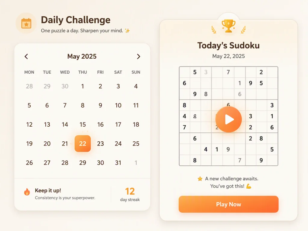 Calendrier du défi sudoku quotidien avec la date du jour mise en évidence et un aperçu de la grille.