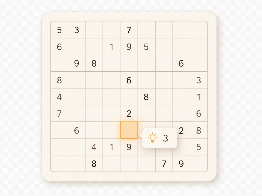 Grille de sudoku avec fonction d'indice IA mettant en évidence le prochain mouvement logique sur une grille 9x9.