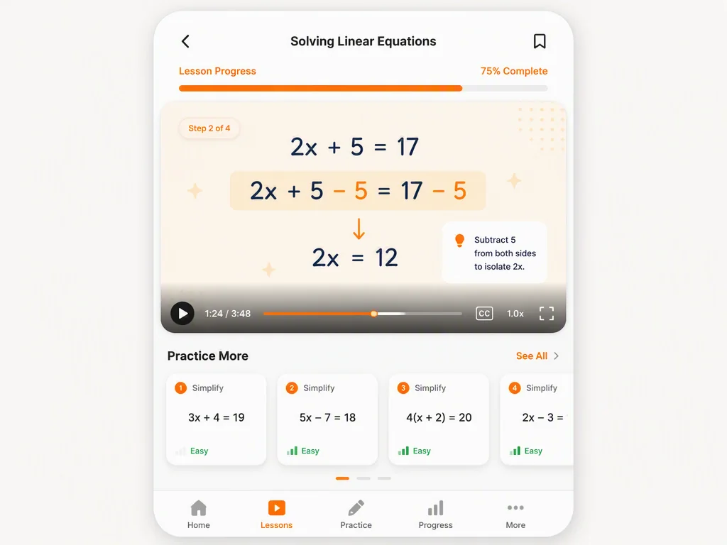 Mobile Selbstlern-Oberfläche von KI Mathe Video mit Videoplayer und zugehörigen Übungskarten.