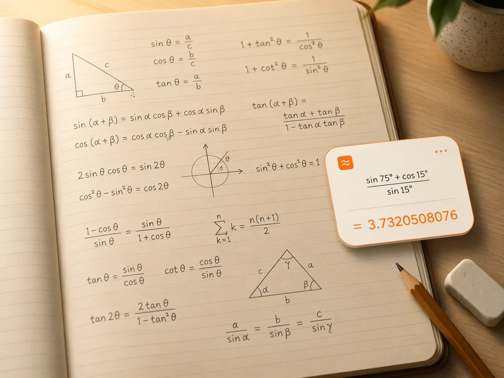 Open notebook page with handwritten math formulas and a calculator result card for student homework