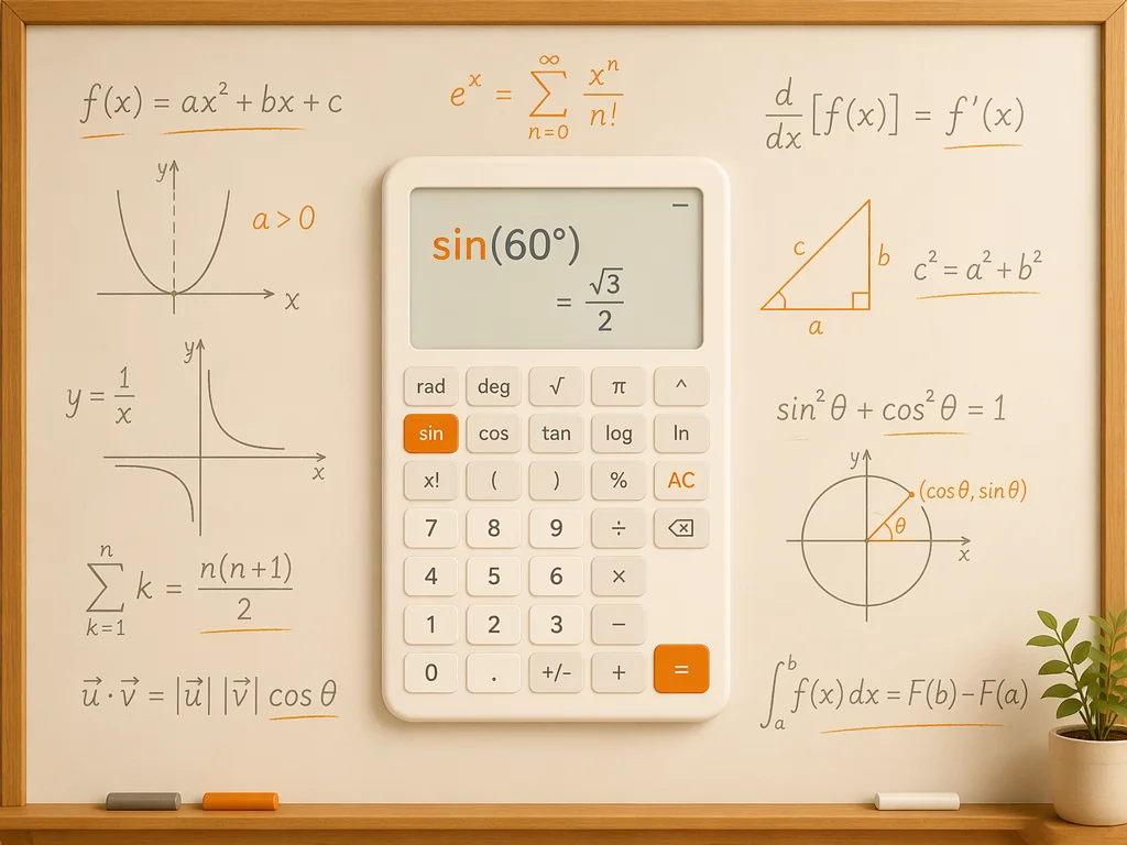 Whiteboard with chalk-style math formulas and a calculator display card for classroom teaching