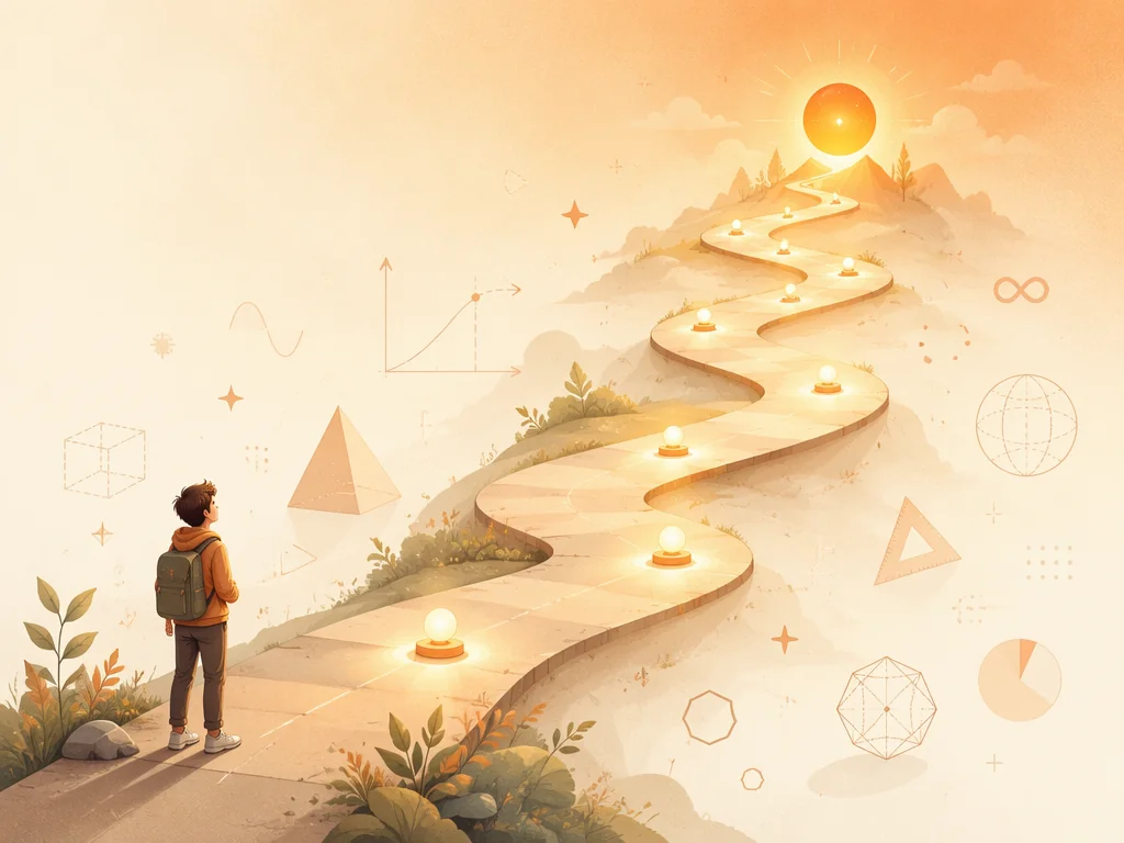 Learning journey pathway with milestone markers and mathematical symbols for self-paced study