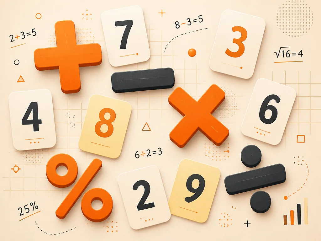 Abstract composition of arithmetic symbols and number cards representing core math operations