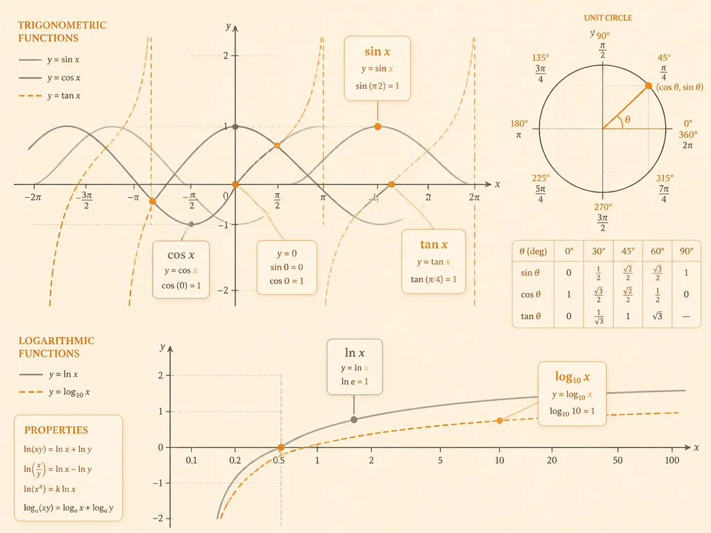 Trigonometric and logarithmic curves visualization with sine waves and function labels